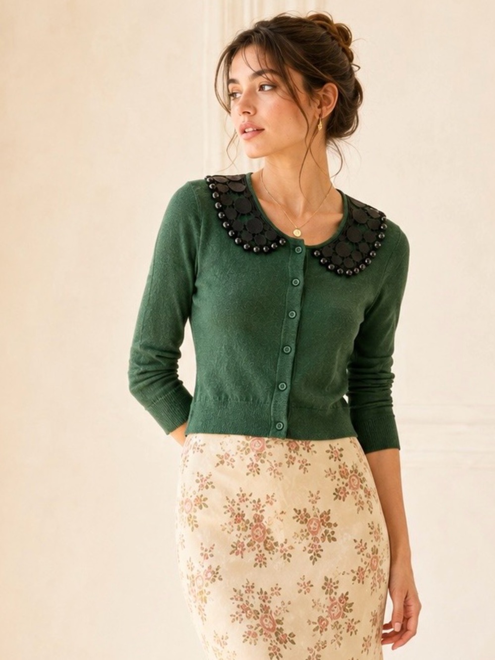 Kate Spade Forest Green Cotton Cashmere Beaded Embroidered Collar Cardigan S